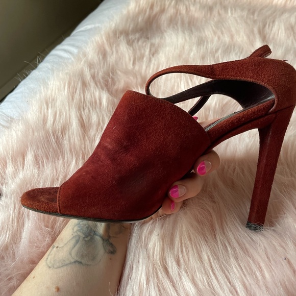 Prada Calzature Donna Amaranto Suede Sandals Open Toe Heels Size 8 - Picture 3 of 9